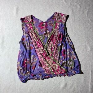Free People Colorful Floral Boho Faux Wrap Sleeveless Blouse